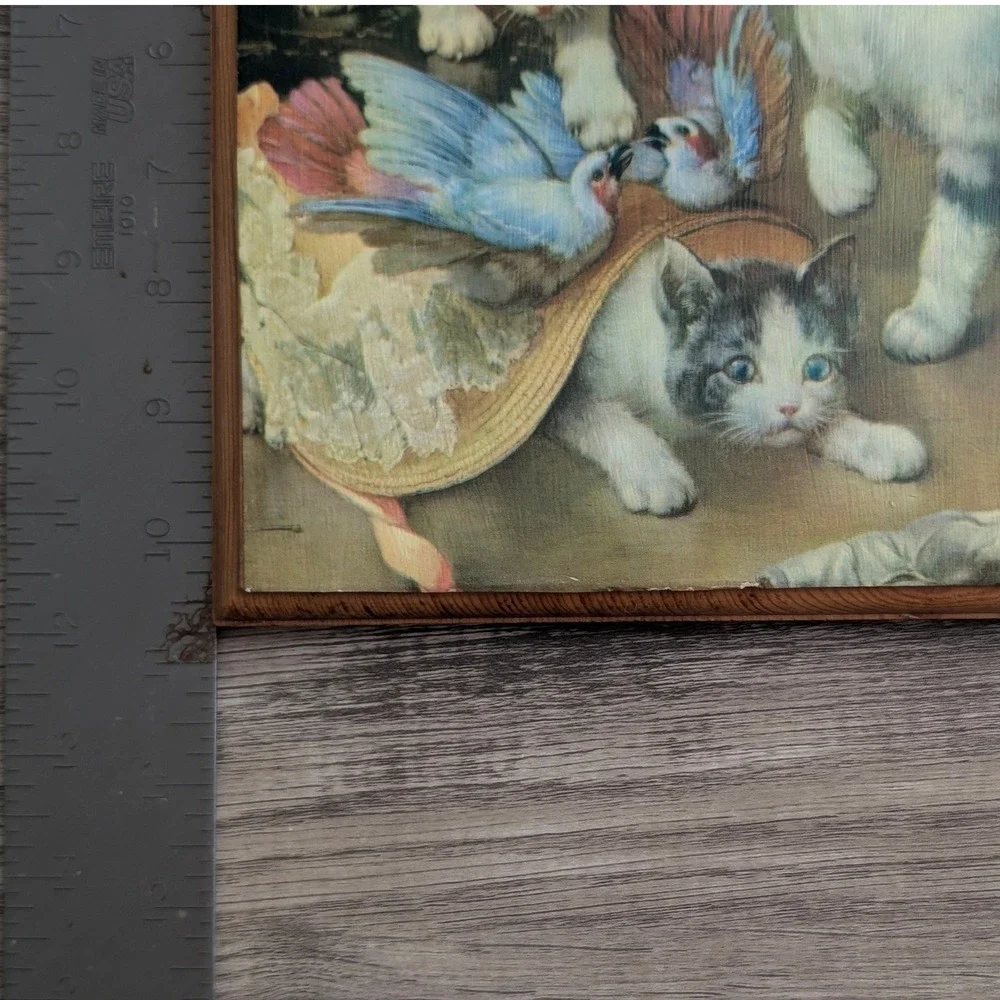 Vintage C Reichert Kittens and Birds Wood Plaque Wall Art 1976 Decoupage